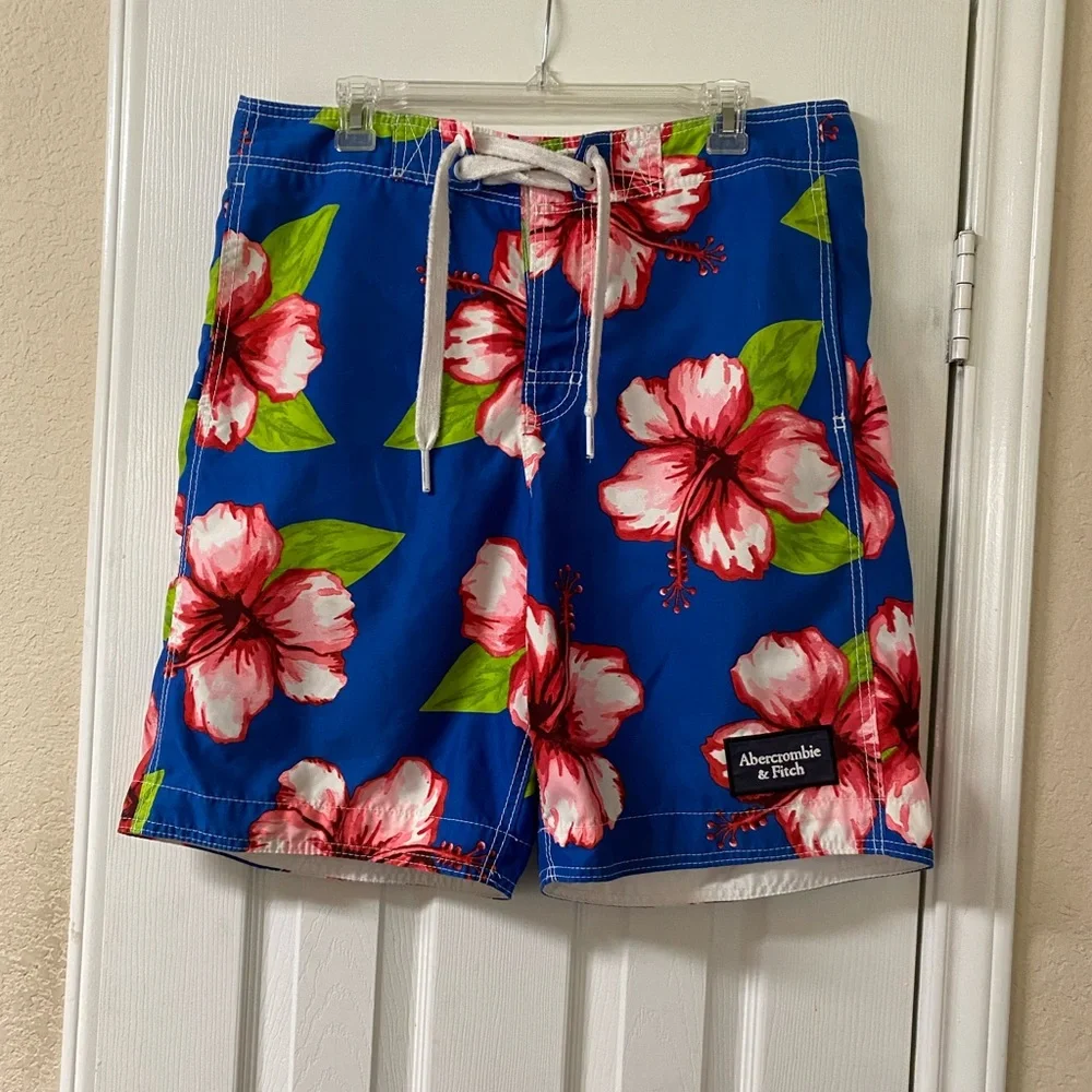 Abercrombie & Fitch Blue Hawaiian Floral Print Unlined Swim Trunks Size Large